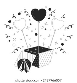 Confetti heart balloons out of gift box black and white 2D line cartoon object. Confession romantic giftbox isolated vector outline item. In love celebration monochromatic flat spot illustration