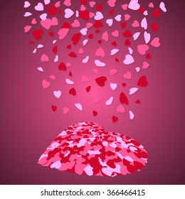 Confetti hearts dropping from sky and forming big heart. Valentine's day. Love symbol.