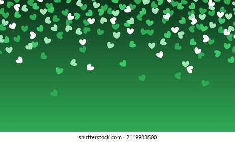 Confetti hearts falling down. Green heart confetti. Valentine's Day template with copyspace.