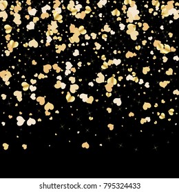 Confetti of hearts vector image. Gold on black. Placer to the day of the holy Valentine.