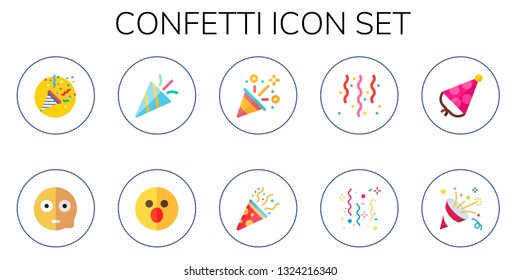 confetti icon set. 10 flat confetti icons.  Collection Of - surprised, party hat