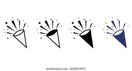 Confetti  icon suite set. Festive Confetti Icon ideal for party celebration  and festive themes. Confetti popper  icon Graphic Illustration,Birthday, holiday, Christmas, New Year symbol, Party Senders