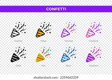 Iconos de confeti de diferente estilo. Confetti iconos establecidos. Símbolo de vacaciones. Conjunto de iconos de estilo diferente. Ilustración del vector