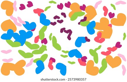 confetti isolated Heart Symbol on white background, Multi colored heart shaped Spread confetti design. celebration template.