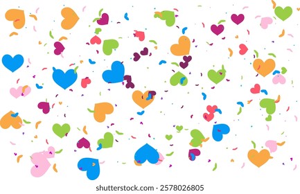 confetti isolated Heart Symbol on white background, Multi colored heart shaped Spread confetti design. celebration template.