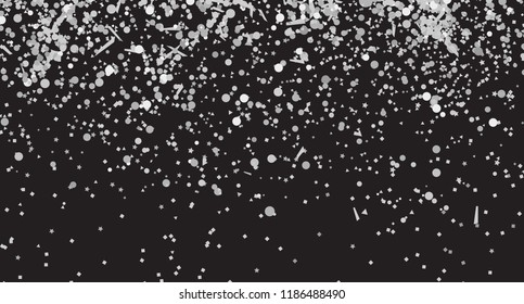 Confetti isolated on black background. Luxury texture. Festive backdrop with glitters. Pattern for work. Print for polygraphy, posters, banners and textiles. Doodle for design and business