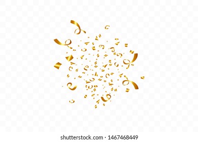 Confetti isolated on transparent background. Golden ribbons. Festive vector illustration
