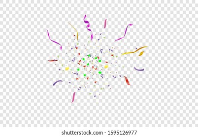 Confetti isolated on white background. Gold and red flying ribbons, streamers and paper particles. Birthday party background. Festive vector illustration