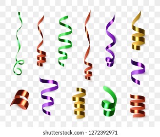 Confetti isolated. Vector decor elements for your design. Golden, red, blue and green Streamer Ribbons isolated