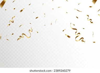 Confetti launcher on transparent background. Pieces of shiny gold paper flew and spread out, small and large, bright and dark. vector illustration