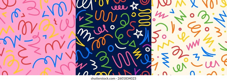 Confetti line pattern. Seamless kids birthday background, colorful print of scribble geometric shapes, abstract childish party wrapping paper print. Vector confetti texture.