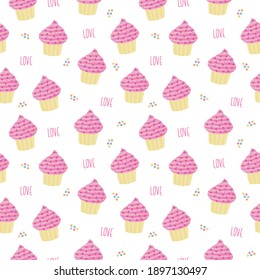 Confetti muffin cupcake love seamless pattern background in pastel colors.