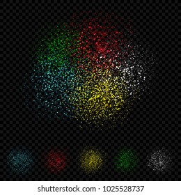 Confetti multicolor tinsel sequin design. Abstract small color sand. Fireworks on dark black transparent background. Many small circles round backdrop