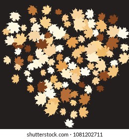 Confetti of multicolored leaves isolated on white background.Falling confetti from minimalistic maple leaves. Abstract leaf for label, card, poster, cover, leaflet, textile design.