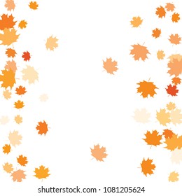 Confetti of multicolored leaves isolated on white background.Falling confetti from minimalistic maple leaves. Abstract leaf for label, card, poster, cover, leaflet, textile design.