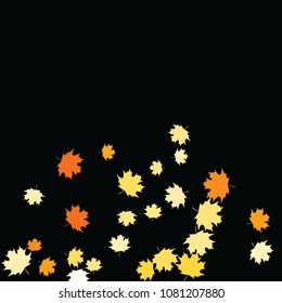 Confetti of multicolored leaves isolated on white background.Falling confetti from minimalistic maple leaves. Abstract leaf for label, card, poster, cover, leaflet, textile design.