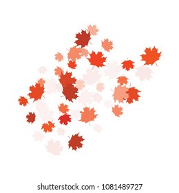 Confetti of multicolored leaves isolated on white background.Falling confetti from minimalistic maple leaves. Abstract leaf for label, card, poster, cover, leaflet, textile design.