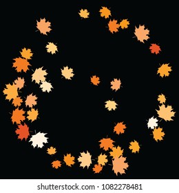 Confetti of multicolored leaves isolated on white background.Falling confetti from minimalistic maple leaves. Abstract leaf for label, card, poster, cover, leaflet, textile design.