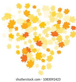 Confetti of multicolored leaves isolated on white background.Falling confetti from minimalistic maple leaves. Abstract leaf for label, card, poster, cover, leaflet, textile design.