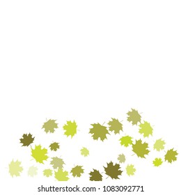 Confetti of multicolored leaves isolated on white background.Falling confetti from minimalistic maple leaves. Abstract leaf for label, card, poster, cover, leaflet, textile design.