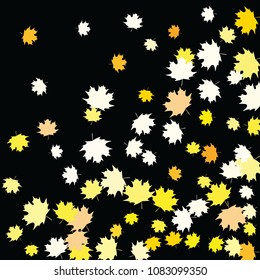 Confetti of multicolored leaves isolated on white background.Falling confetti from minimalistic maple leaves. Abstract leaf for label, card, poster, cover, leaflet, textile design.