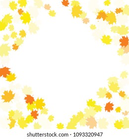 Confetti of multicolored leaves isolated on white background.Falling confetti from minimalistic maple leaves. Abstract leaf for label, card, poster, cover, leaflet, textile design.