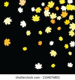 Confetti of multicolored leaves isolated on white background.Falling confetti from minimalistic maple leaves. Abstract leaf for label, card, poster, cover, leaflet, textile design.
