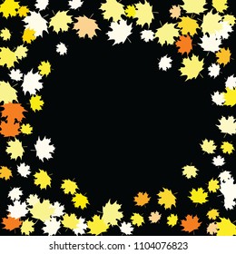 Confetti of multicolored leaves isolated on white background.Falling confetti from minimalistic maple leaves. Abstract leaf for label, card, poster, cover, leaflet, textile design.