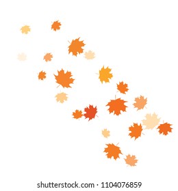 Confetti of multicolored leaves isolated on white background.Falling confetti from minimalistic maple leaves. Abstract leaf for label, card, poster, cover, leaflet, textile design.