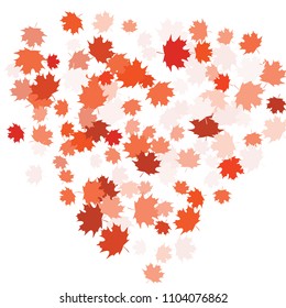 Confetti of multicolored leaves isolated on white background.Falling confetti from minimalistic maple leaves. Abstract leaf for label, card, poster, cover, leaflet, textile design.