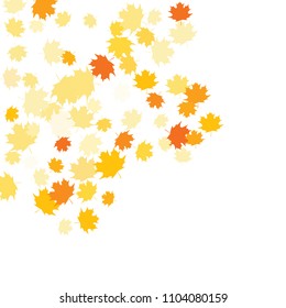 Confetti of multicolored leaves isolated on white background.Falling confetti from minimalistic maple leaves. Abstract leaf for label, card, poster, cover, leaflet, textile design.
