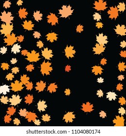 Confetti of multicolored leaves isolated on white background.Falling confetti from minimalistic maple leaves. Abstract leaf for label, card, poster, cover, leaflet, textile design.
