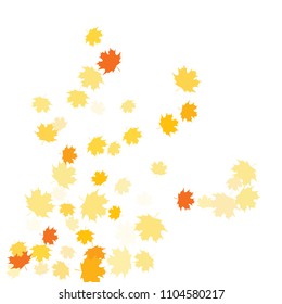 Confetti of multicolored leaves isolated on white background.Falling confetti from minimalistic maple leaves. Abstract leaf for label, card, poster, cover, leaflet, textile design.