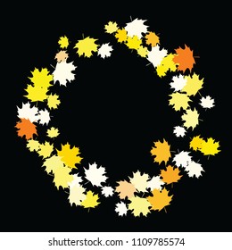 Confetti of multicolored leaves isolated on white background.Falling confetti from minimalistic maple leaves. Abstract leaf for label, card, poster, cover, leaflet, textile design.