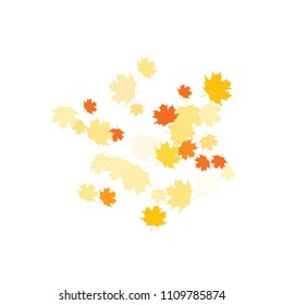 Confetti of multicolored leaves isolated on white background.Falling confetti from minimalistic maple leaves. Abstract leaf for label, card, poster, cover, leaflet, textile design.