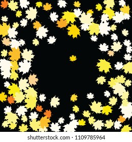 Confetti of multicolored leaves isolated on white background.Falling confetti from minimalistic maple leaves. Abstract leaf for label, card, poster, cover, leaflet, textile design.