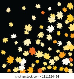 Confetti of multicolored leaves isolated on white background.Falling confetti from minimalistic maple leaves. Abstract leaf for label, card, poster, cover, leaflet, textile design.