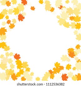 Confetti of multicolored leaves isolated on white background.Falling confetti from minimalistic maple leaves. Abstract leaf for label, card, poster, cover, leaflet, textile design.