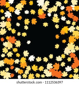 Confetti of multicolored leaves isolated on white background.Falling confetti from minimalistic maple leaves. Abstract leaf for label, card, poster, cover, leaflet, textile design.