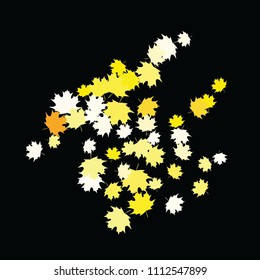 Confetti of multicolored leaves isolated on white background.Falling confetti from minimalistic maple leaves. Abstract leaf for label, card, poster, cover, leaflet, textile design.