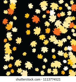 Confetti of multicolored leaves isolated on white background.Falling confetti from minimalistic maple leaves. Abstract leaf for label, card, poster, cover, leaflet, textile design.