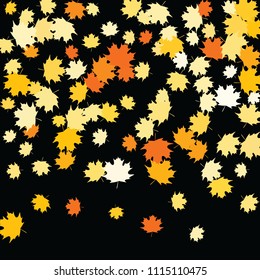 Confetti of multicolored leaves isolated on white background.Falling confetti from minimalistic maple leaves. Abstract leaf for label, card, poster, cover, leaflet, textile design.