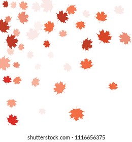 Confetti of multicolored leaves isolated on white background.Falling confetti from minimalistic maple leaves. Abstract leaf for label, card, poster, cover, leaflet, textile design.