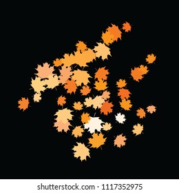 Confetti of multicolored leaves isolated on white background.Falling confetti from minimalistic maple leaves. Abstract leaf for label, card, poster, cover, leaflet, textile design.