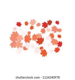 Confetti of multicolored leaves isolated on white background.Falling confetti from minimalistic maple leaves. Abstract leaf for label, card, poster, cover, leaflet, textile design.