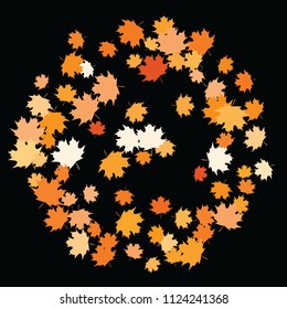 Confetti of multicolored leaves isolated on white background.Falling confetti from minimalistic maple leaves. Abstract leaf for label, card, poster, cover, leaflet, textile design.