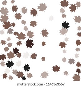 Confetti of multicolored leaves isolated on white background.Falling confetti from minimalistic maple leaves. Abstract leaf for label, card, poster, cover, leaflet, textile design.