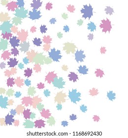 Confetti of multicolored leaves isolated on white background.Falling confetti from minimalistic maple leaves. Abstract leaf for label, card, poster, cover, leaflet, textile design.