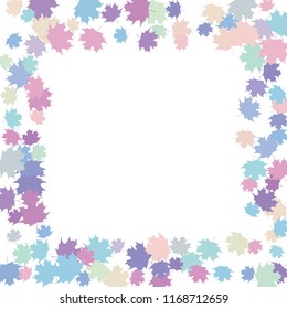 Confetti of multicolored leaves isolated on white background.Falling confetti from minimalistic maple leaves. Abstract leaf for label, card, poster, cover, leaflet, textile design.