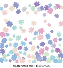 Confetti of multicolored leaves isolated on white background.Falling confetti from minimalistic maple leaves. Abstract leaf for label, card, poster, cover, leaflet, textile design.